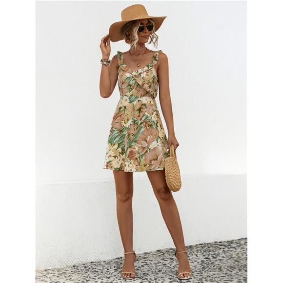 Printed Ruffled Surplice Wide Strap Mini Dress - Picture 6 of 12
